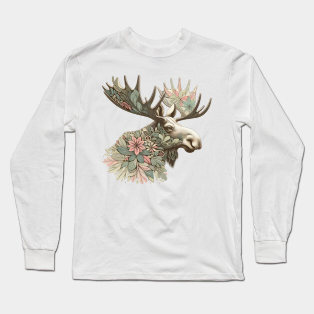 Moose Botanical Nature Art Illustration Long Sleeve T-Shirt by BirdsnStuff