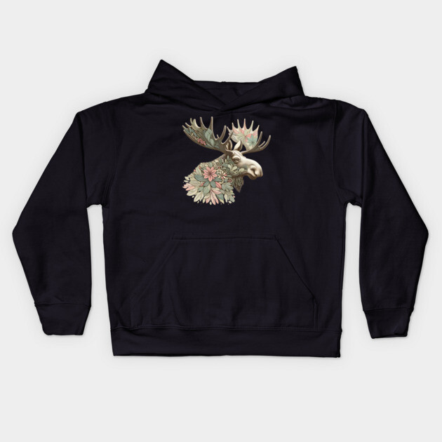 Moose Botanical Nature Art Illustration Kids Hoodie by BirdsnStuff