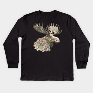 Moose Botanical Nature Art Illustration Kids Long Sleeve T-Shirt