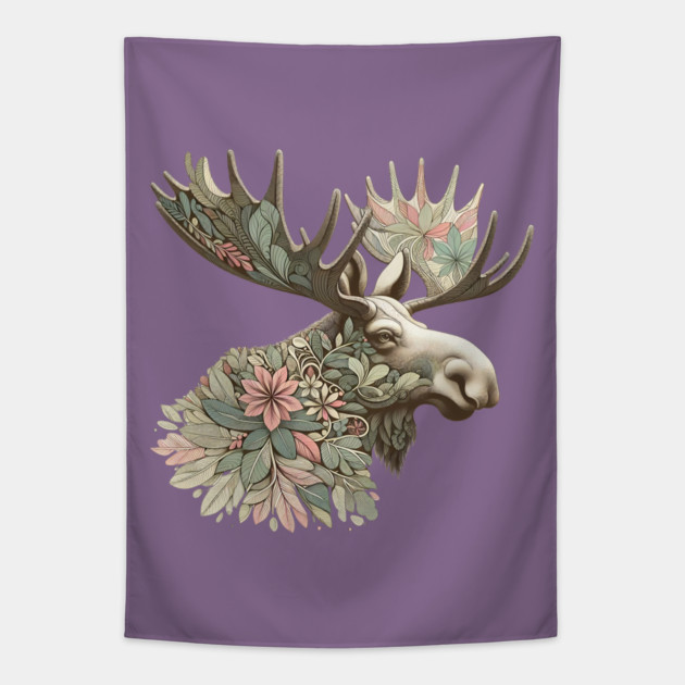 Moose Botanical Nature Art Illustration Tapestry by BirdsnStuff