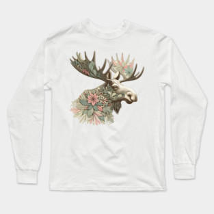 Moose Botanical Nature Art Illustration Long Sleeve T-Shirt