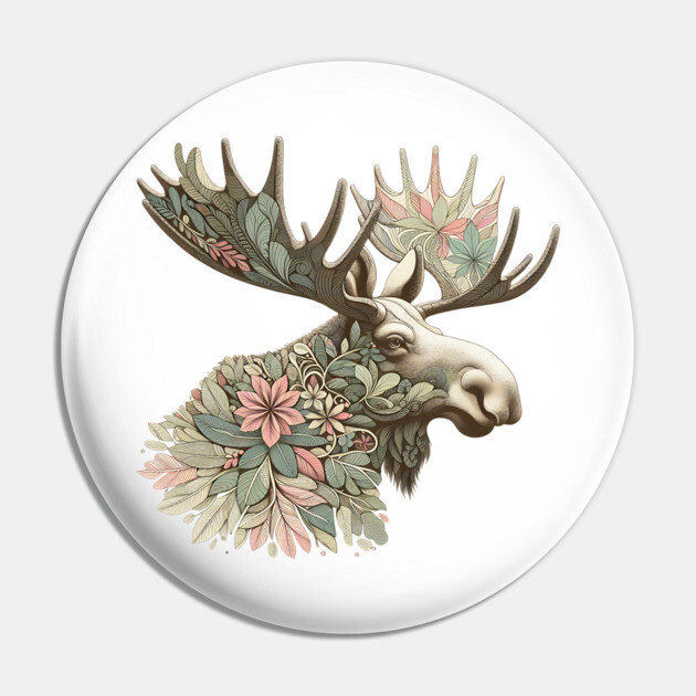 Moose Botanical Nature Art Illustration Pin by BirdsnStuff