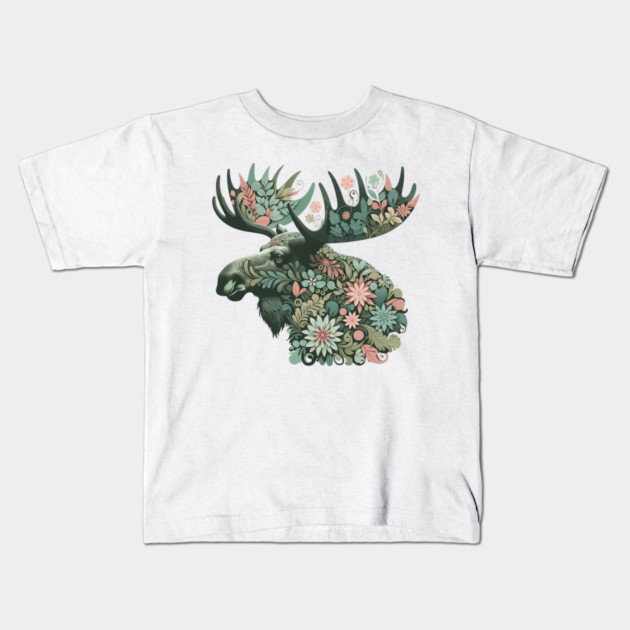 Moose Botanical Nature Art Illustration2 Kids T-Shirt by BirdsnStuff