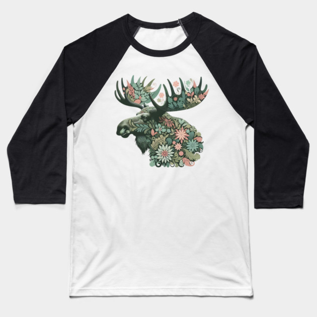 Moose Botanical Nature Art Illustration2 Baseball T-Shirt by BirdsnStuff