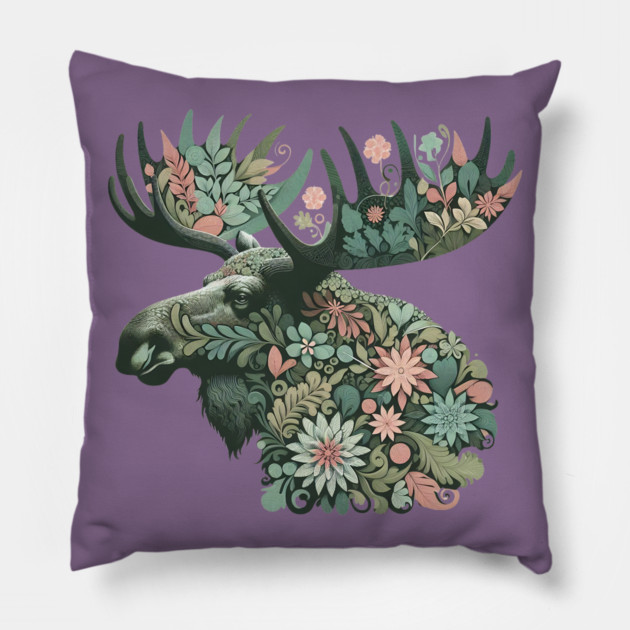 Moose Botanical Nature Art Illustration2 Pillow by BirdsnStuff