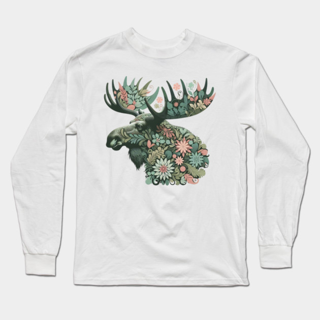 Moose Botanical Nature Art Illustration2 Long Sleeve T-Shirt by BirdsnStuff