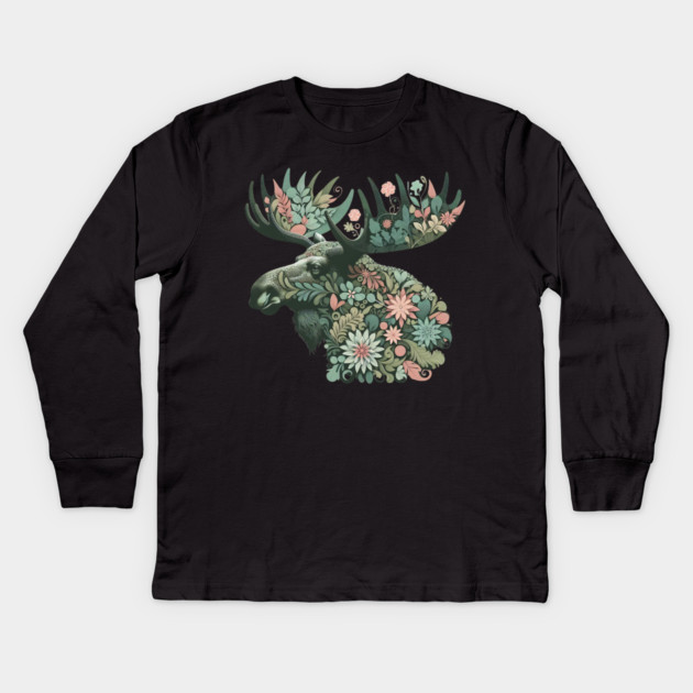 Moose Botanical Nature Art Illustration2 Kids Long Sleeve T-Shirt by BirdsnStuff