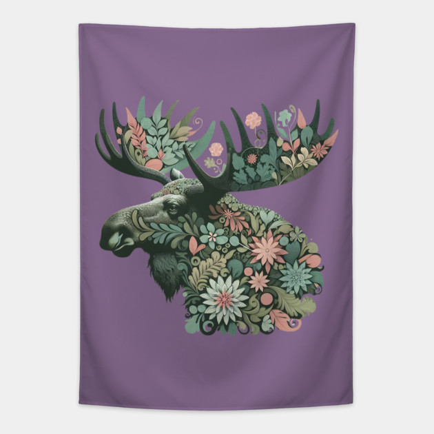 Moose Botanical Nature Art Illustration2 Tapestry by BirdsnStuff