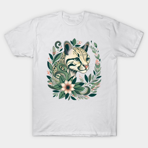 Ocelot Cat Botanical Nature Art Illustration T-Shirt by BirdsnStuff