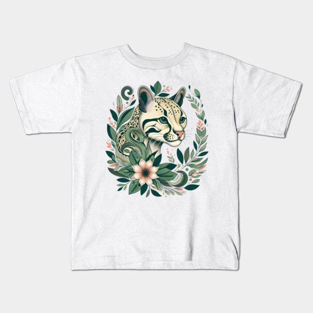 Ocelot Cat Botanical Nature Art Illustration Kids T-Shirt by BirdsnStuff