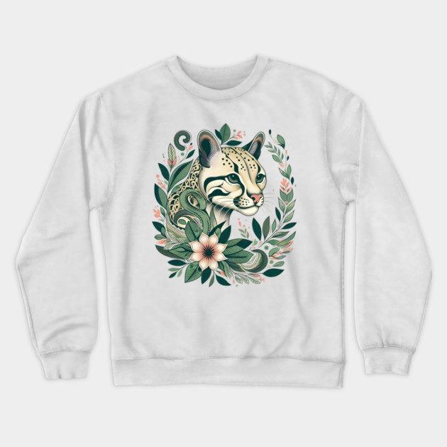 Ocelot Cat Botanical Nature Art Illustration Crewneck Sweatshirt by BirdsnStuff