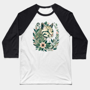 Ocelot Cat Botanical Nature Art Illustration Baseball T-Shirt
