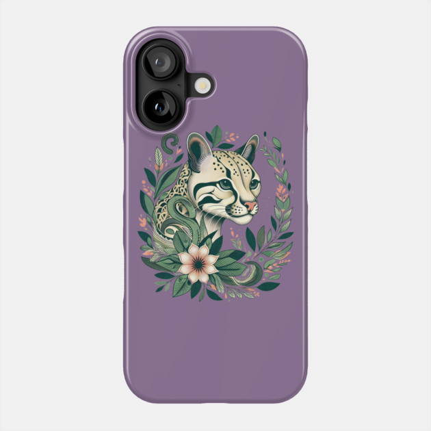 Ocelot Cat Botanical Nature Art Illustration Phone Case by BirdsnStuff