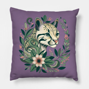Ocelot Cat Botanical Nature Art Illustration Pillow