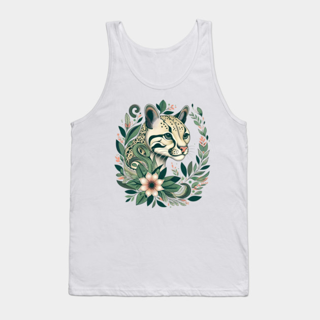 Ocelot Cat Botanical Nature Art Illustration Tank Top by BirdsnStuff