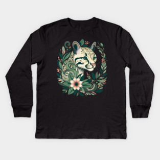 Ocelot Cat Botanical Nature Art Illustration Kids Long Sleeve T-Shirt