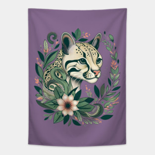Ocelot Cat Botanical Nature Art Illustration Tapestry