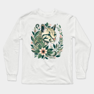 Ocelot Cat Botanical Nature Art Illustration Long Sleeve T-Shirt