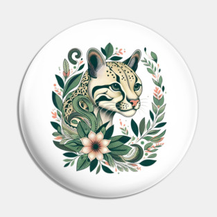 Ocelot Cat Botanical Nature Art Illustration Pin