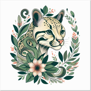 Ocelot Cat Botanical Nature Art Illustration Posters and Art