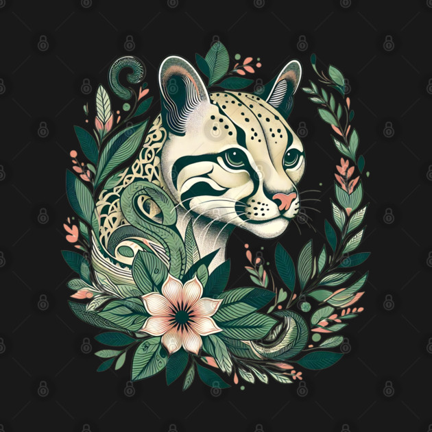 Ocelot Cat Botanical Nature Art Illustration by BirdsnStuff