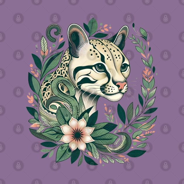 Ocelot Cat Botanical Nature Art Illustration by BirdsnStuff