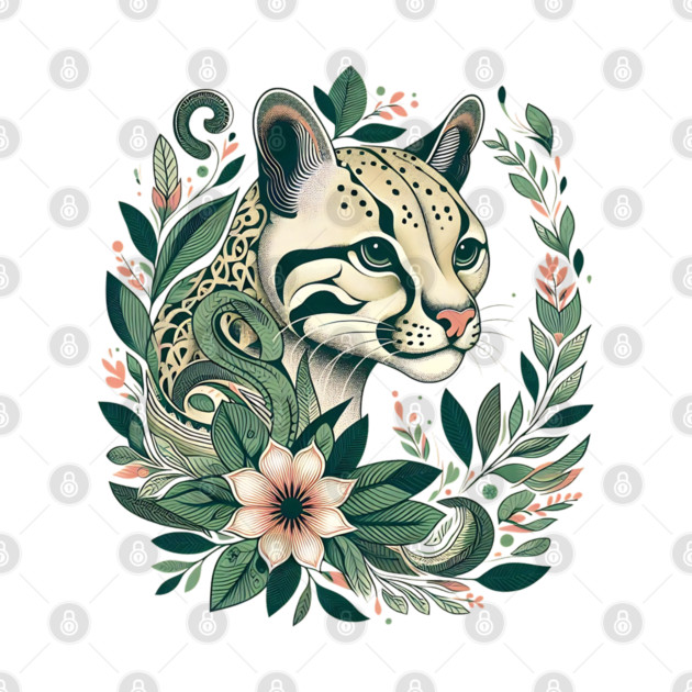 Ocelot Cat Botanical Nature Art Illustration by BirdsnStuff