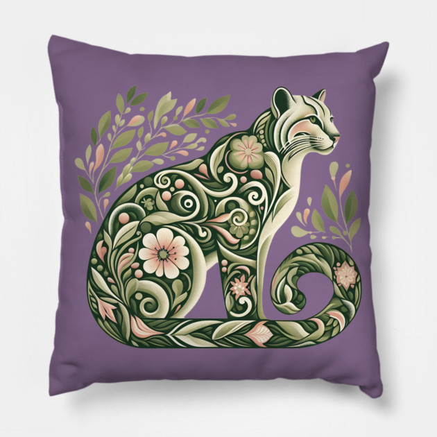 Ocelot Cat Botanical Nature Art Illustration2 Pillow by BirdsnStuff