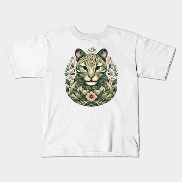 Ocelot Cat Botanical Nature Art Illustration3 Kids T-Shirt by BirdsnStuff