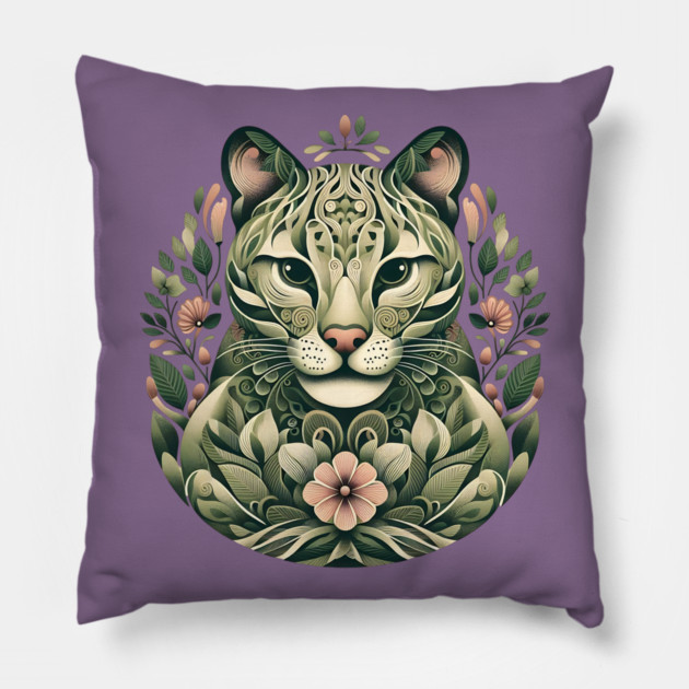 Ocelot Cat Botanical Nature Art Illustration3 Pillow by BirdsnStuff