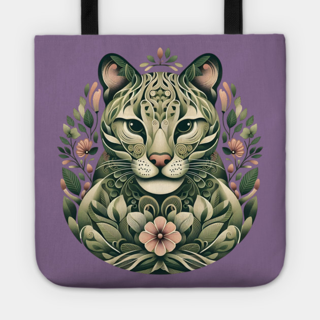 Ocelot Cat Botanical Nature Art Illustration3 Tote by BirdsnStuff