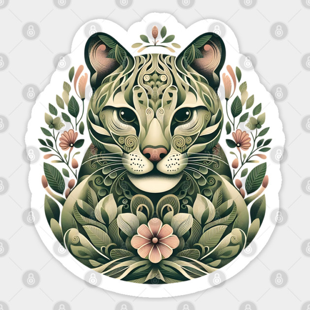 Ocelot Cat Botanical Nature Art Illustration3 Sticker by BirdsnStuff