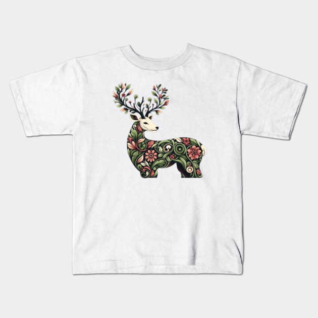 Red Deer Botanical Nature Art Illustration Kids T-Shirt by BirdsnStuff