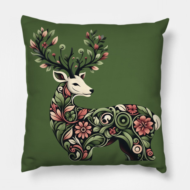 Red Deer Botanical Nature Art Illustration Pillow by BirdsnStuff