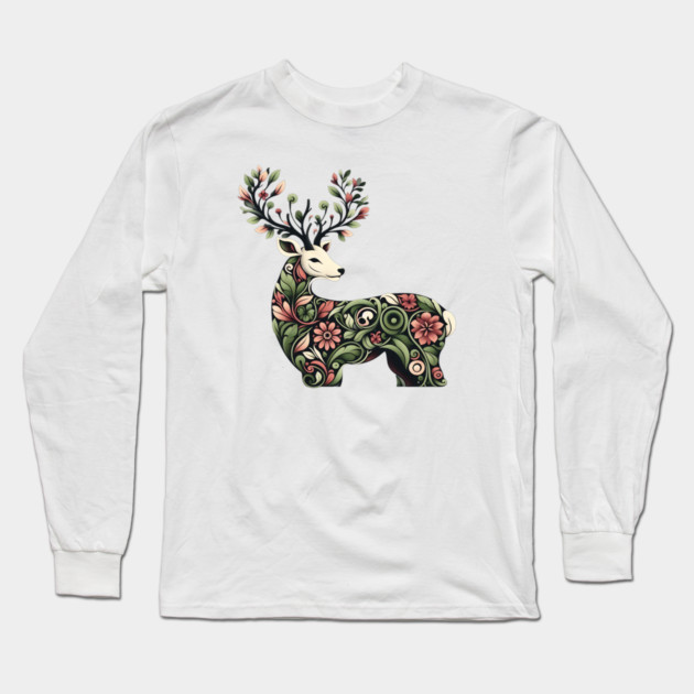 Red Deer Botanical Nature Art Illustration Long Sleeve T-Shirt by BirdsnStuff