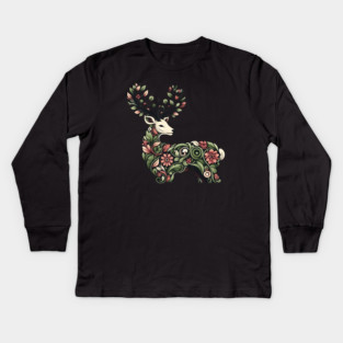 Red Deer Botanical Nature Art Illustration Kids Long Sleeve T-Shirt