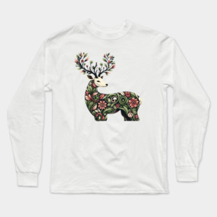 Red Deer Botanical Nature Art Illustration Long Sleeve T-Shirt
