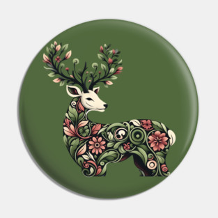 Red Deer Botanical Nature Art Illustration Pin