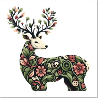 Red Deer Botanical Nature Art Illustration Posters and Art