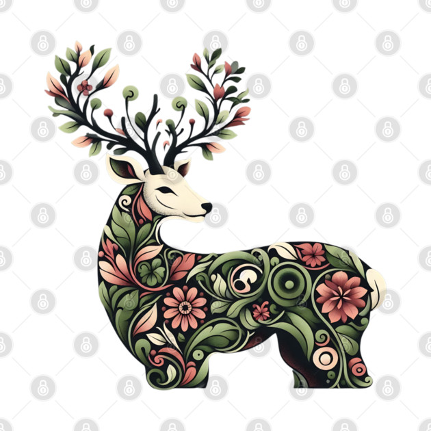 Red Deer Botanical Nature Art Illustration by BirdsnStuff