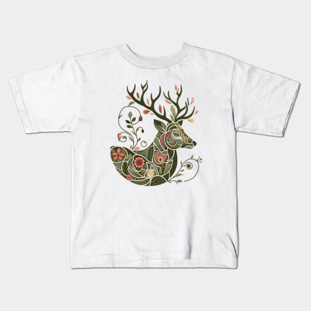 Red Deer Botanical Nature Art Illustration2 Kids T-Shirt by BirdsnStuff