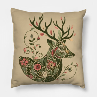 Red Deer Botanical Nature Art Illustration2 Pillow