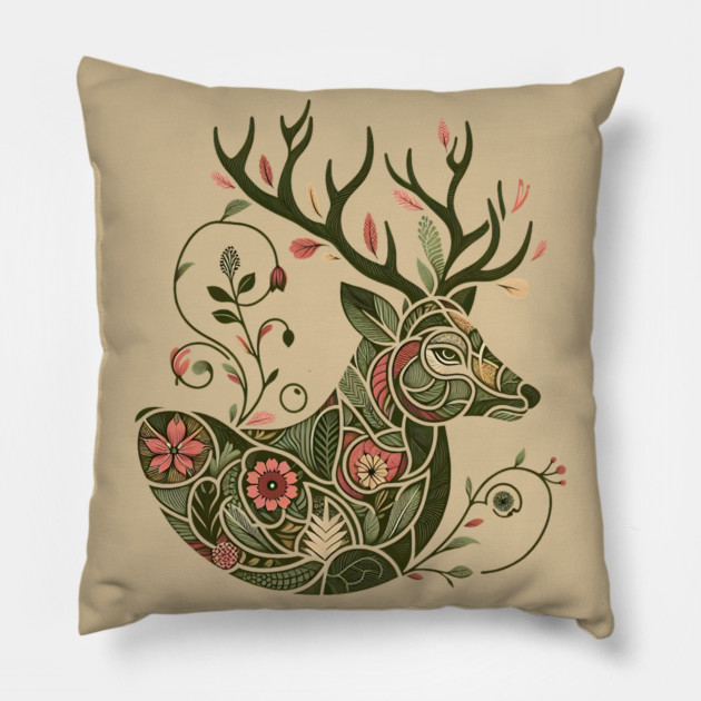 Red Deer Botanical Nature Art Illustration2 Pillow by BirdsnStuff