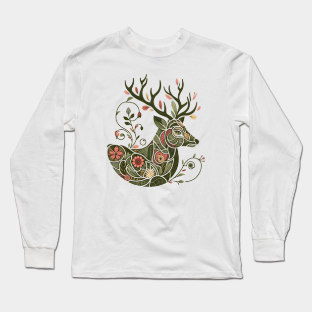 Red Deer Botanical Nature Art Illustration2 Long Sleeve T-Shirt by BirdsnStuff