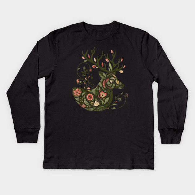 Red Deer Botanical Nature Art Illustration2 Kids Long Sleeve T-Shirt by BirdsnStuff