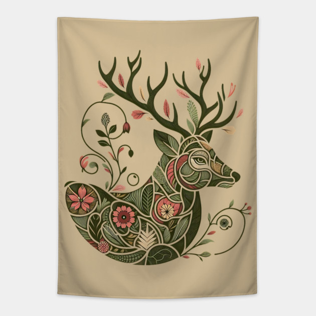Red Deer Botanical Nature Art Illustration2 Tapestry by BirdsnStuff