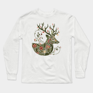 Red Deer Botanical Nature Art Illustration2 Long Sleeve T-Shirt