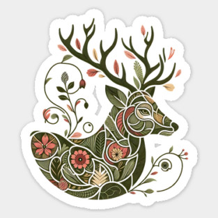 Red Deer Botanical Nature Art Illustration2 Sticker