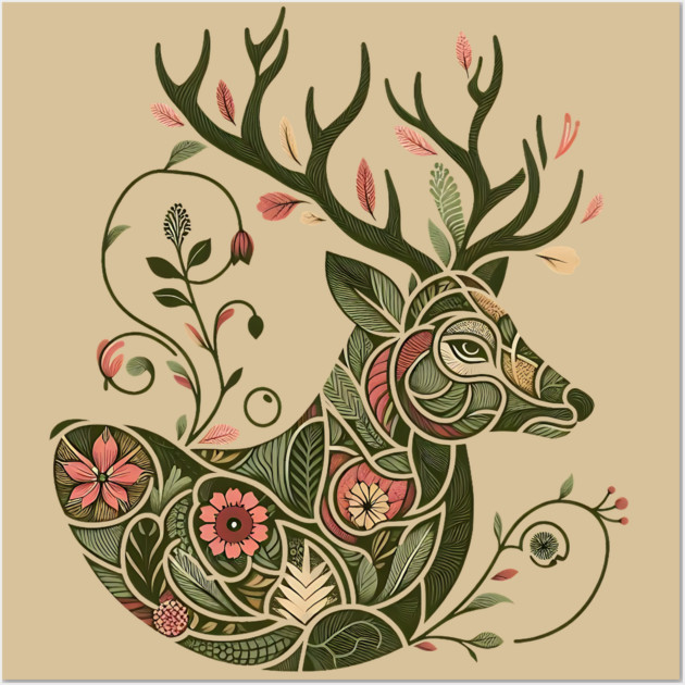 Red Deer Botanical Nature Art Illustration2 Wall Art by BirdsnStuff