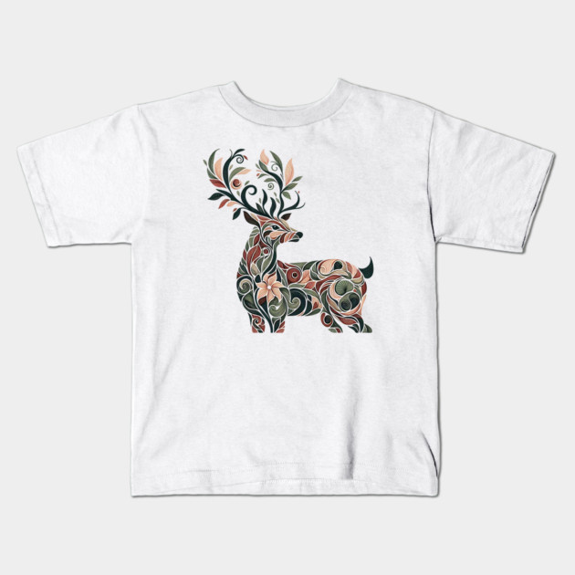 Red Deer Botanical Nature Art Illustration3 Kids T-Shirt by BirdsnStuff